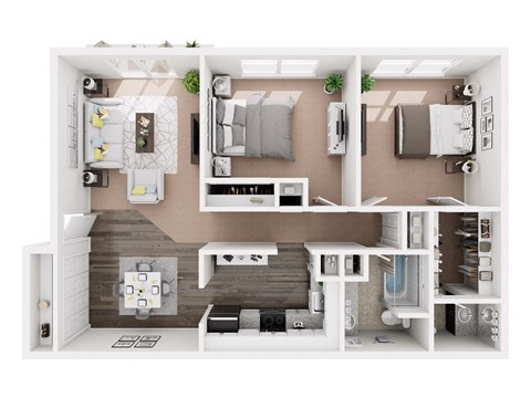A 3D floor plan of a modern apartment layout.